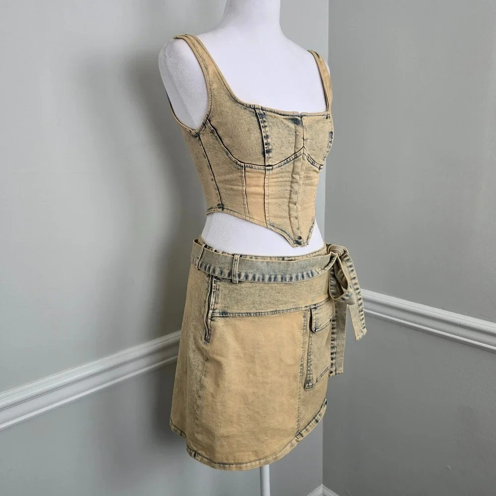 Cherie Los Angeles Womens Denim Crop Corset Skirt Set Small Y2K Chic Streetwear - Picture 3 of 10
